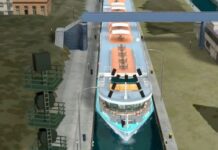 Fahrgastschiff »Amelia« auf virtueller Schleuseneinfahrt per Scippper-Unterstützung. Sie hat nur wenig Seitenfreiheit in der Schleuse © Projekt Scippper