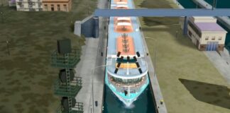 Fahrgastschiff »Amelia« auf virtueller Schleuseneinfahrt per Scippper-Unterstützung. Sie hat nur wenig Seitenfreiheit in der Schleuse © Projekt Scippper